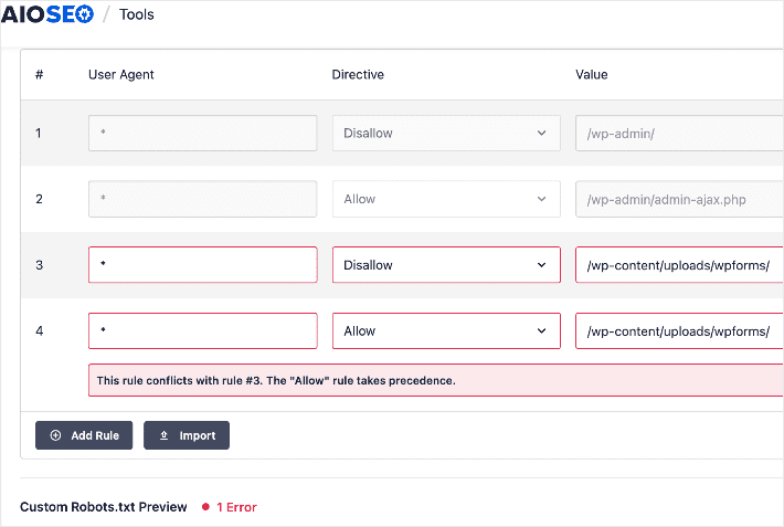 Verificare la presenza di errori dopo la generazione dei file robots.txt.