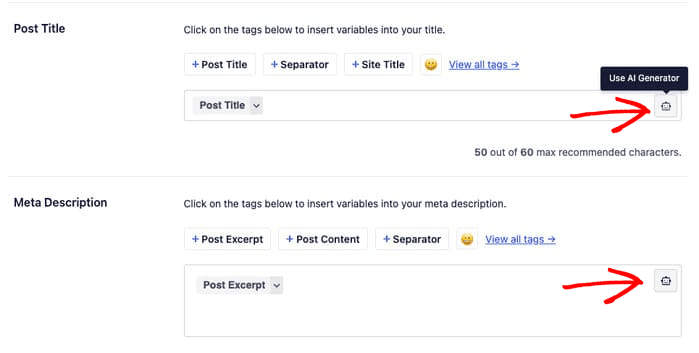 O AI Title/Description Generator da AIOSEO é uma ferramenta avançada de IA que ajuda a automatizar a gravação de metadados.