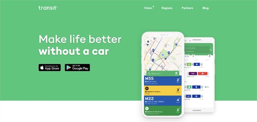 Page d&#039;accueil de Transit avec un fond vert et un texte blanc qui dit : &quot;Make life better without a car&quot; (améliorer la vie sans voiture).