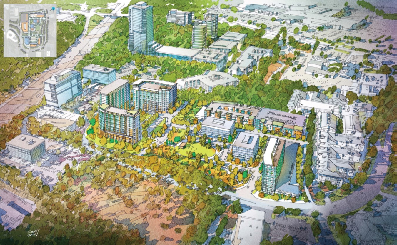 A hand rendering of a multi-tower development, surrounded by trees.