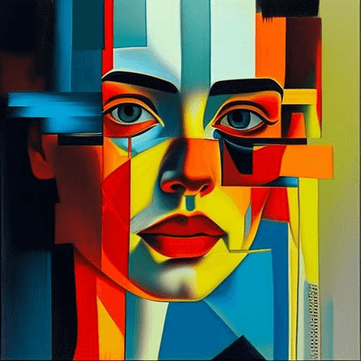A portrait of a woman with fragmented facial features and abstract colors, cubism style.