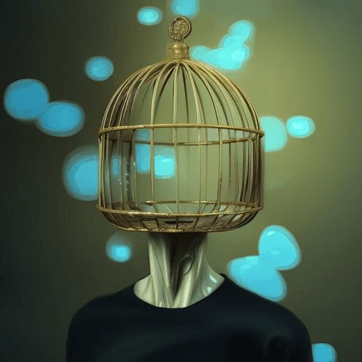 A human figure with a empty birdcage for a head, surrealism style.