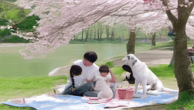 Animate a GIF that visualizes A family enjoying picnic at lakeside