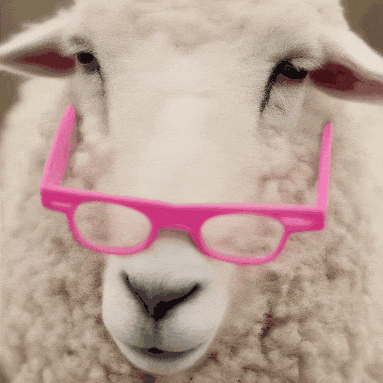sheep wearing pink glasses, zoom shot, surprised reaction