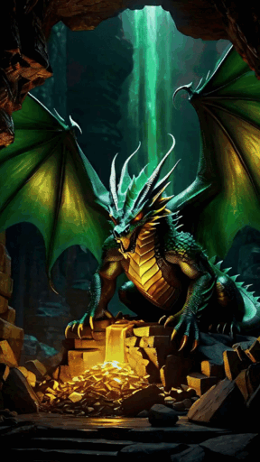 Dragon, cave with treasure box, keeping the treasure safe.