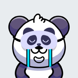 Whimsical cartoon panda in blue headphones crying on a grey digital backdrop | Mr Cuddles NFT