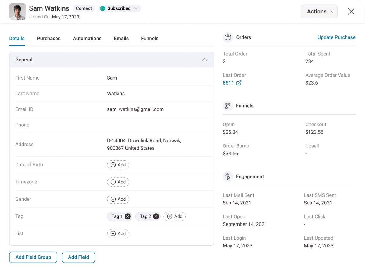 Get in-depth contact profiles with details, purchases, automations, and emails - all in one place
