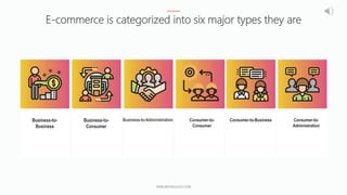 E-commerce is categorized into six major types they are
WWW.REPUBLICGOV.COM
Business-to-
Business
Business-to-
Consumer
Business-to-Administration Consumer-to-
Consumer
Consumer-to-Business Consumer-to-
Administration
 