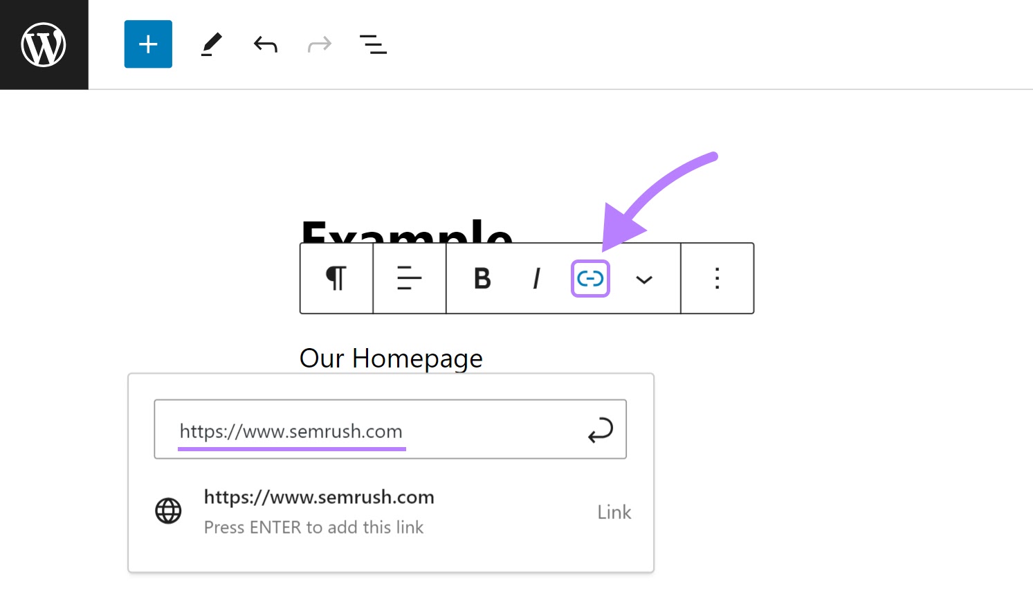 Linking "Our Homepage" text to "sr05.bestseotoolz.com" in WordPress editor