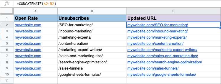 CONCATENATE formula in Google Sheets example